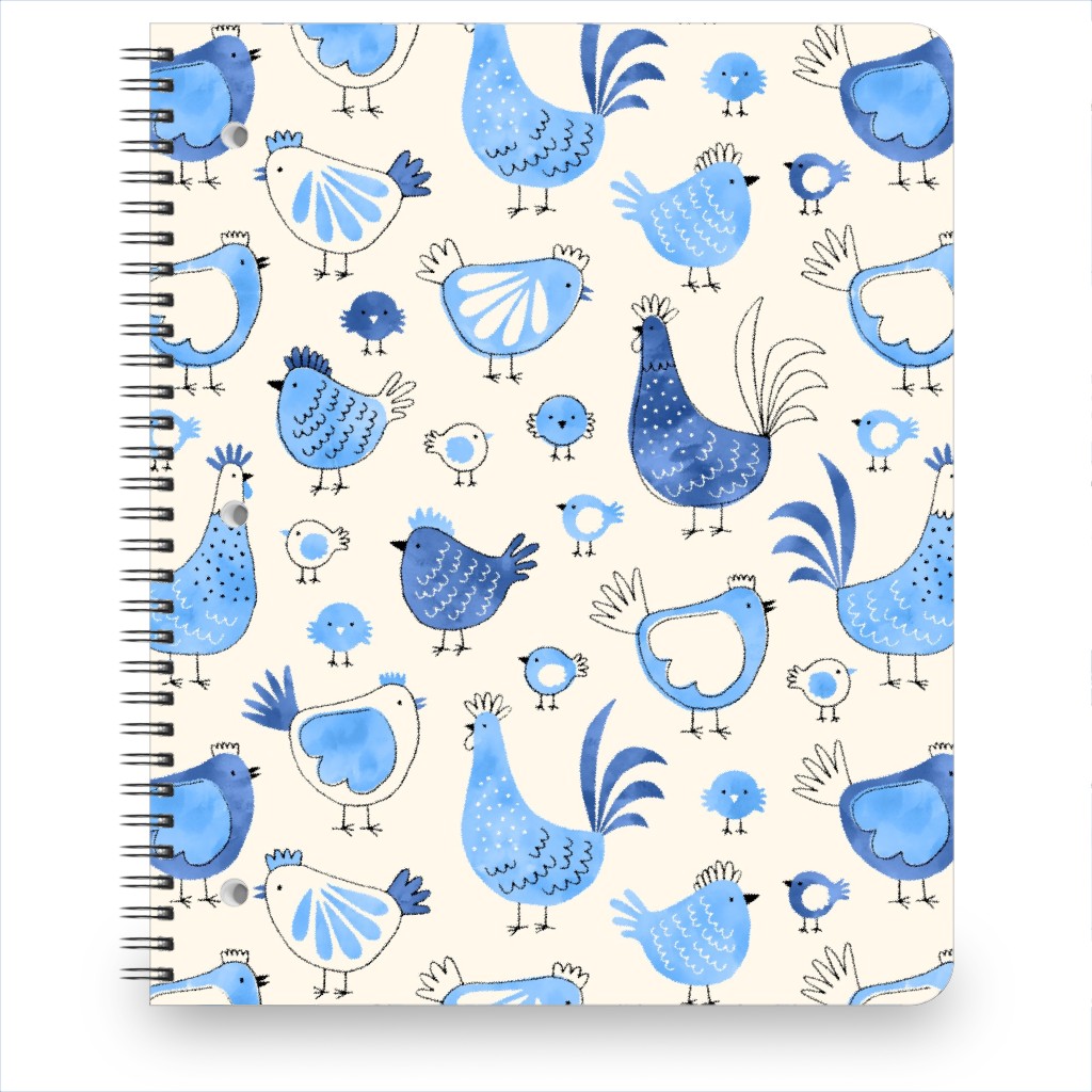 Chicken and Rooster - Watercolor - Blue on Creme Notebook, 8.5x11, Blue, True Blue