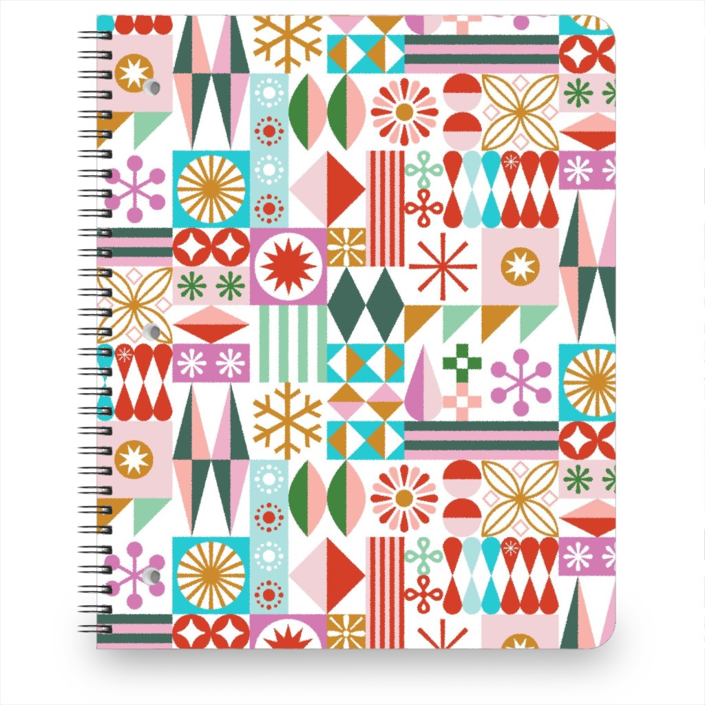 Santa's Workshop Geometric Stars Snowflakes Grid Holiday Stripes - Multi Notebook, 8.5x11, Multicolor