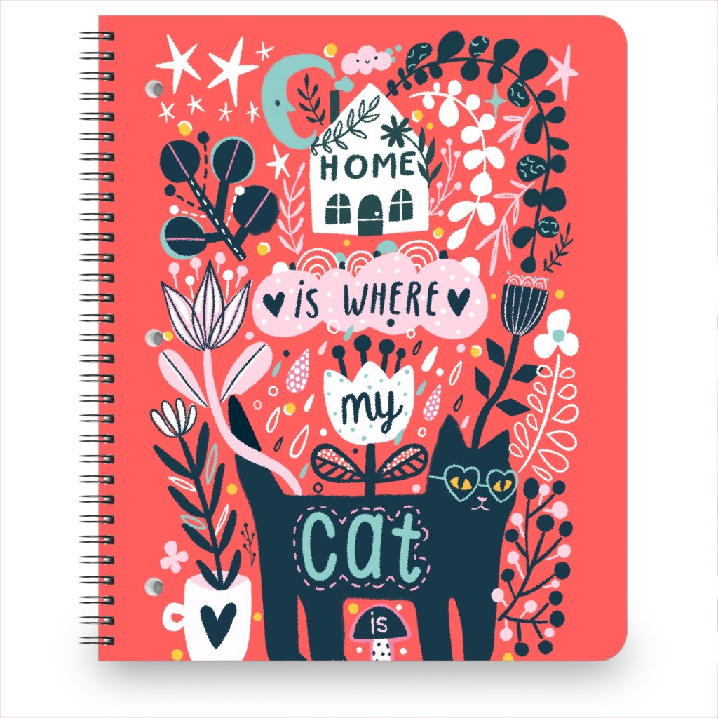 Home Is Where My Cat Is - Flowers & Black Cat Notebook, 8.5x11, Pink, Bright Pink