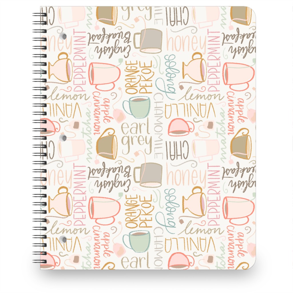 Tea Party - Handlettered Types of Tea With Teacups Notebook, 8.5x11, Multicolor