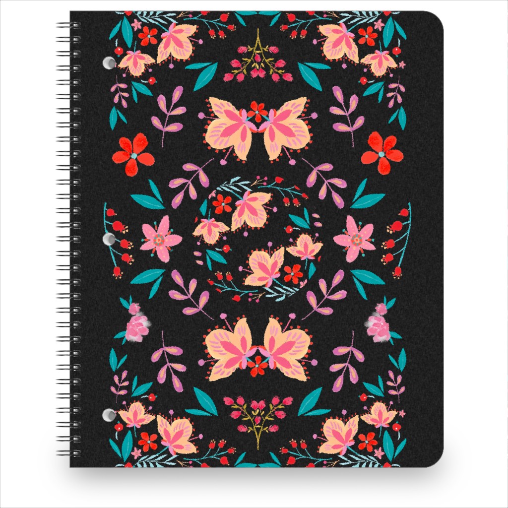 Pink Flora Folk Art on Black Notebook, 8.5x11, Multicolor