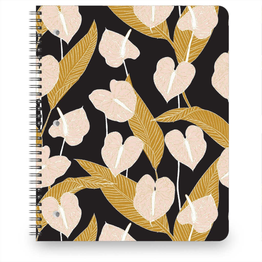 Art Nouveau Anthuriums - Black Mustard and Pale Peach Notebook, 8.5x11, Multicolor