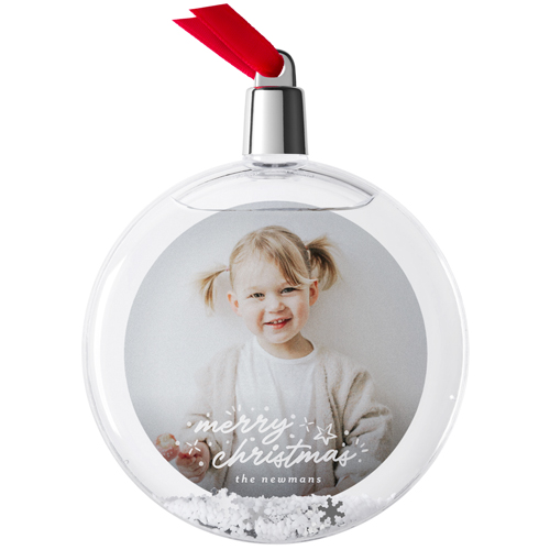 Merry Christmas Sparkle Snow Globe Ornament, White, Circle