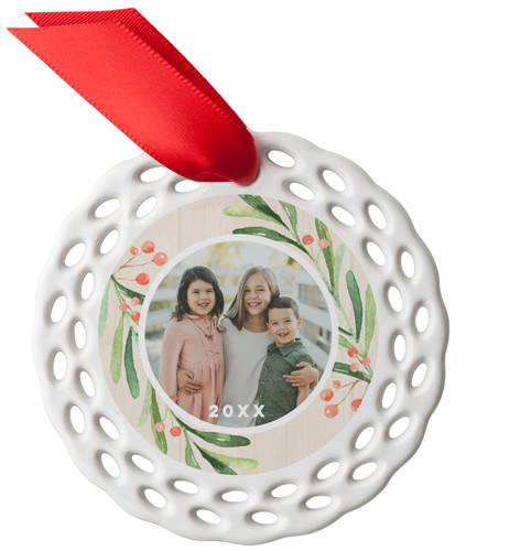 Holiday Cheer Holly Ceramic Ornament, Red, Circle