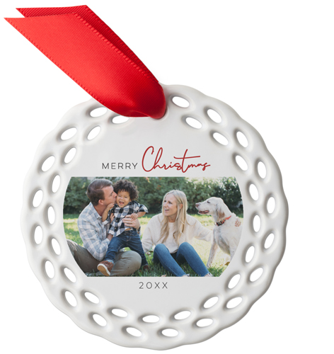 Modern Merry Script Ceramic Ornament, Red, Circle