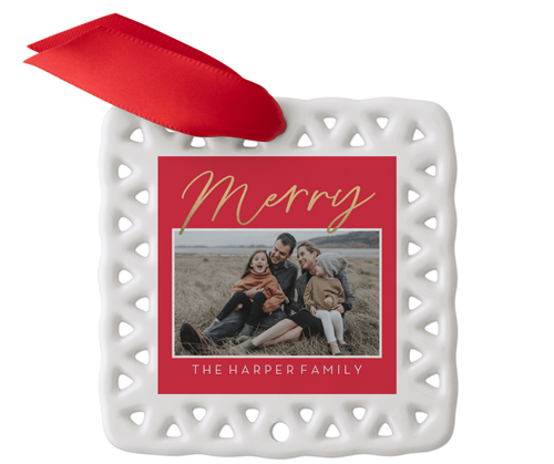 Contemporary Merry Script Ceramic Ornament, Red, Square, fire engine