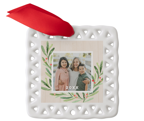 Holiday Cheer Holly Ceramic Ornament, Red, Square Ornament