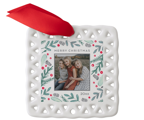 Berry Wreath Monogram Ceramic Ornament, Green, Square