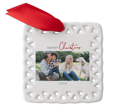 Modern Merry Script Ceramic Ornament, Red, Square Ornament