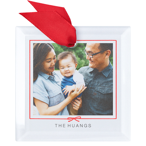 Bow Border Glass Ornament, White, Square, white