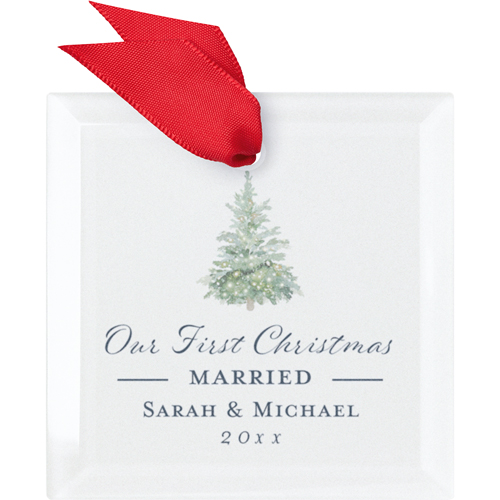 First Married Christmas Glass Ornament, Green, Square Ornament