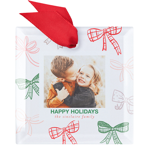 Charming Bows Glass Ornament, Red, Square