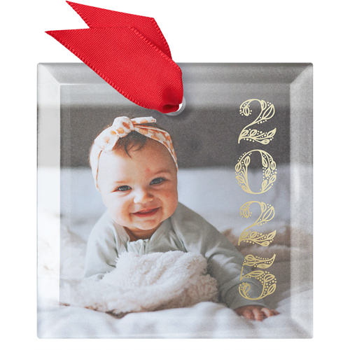 Gold Stacked Year Glass Ornament, Yellow, Square, golden