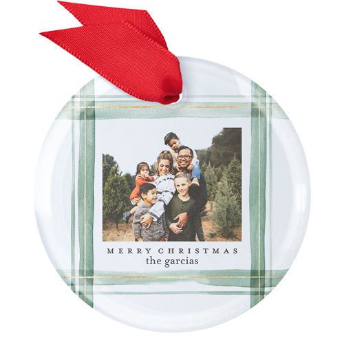 Watercolor Plaid Glass Ornament, Green, Circle