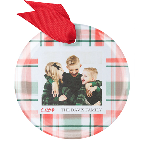 Tartan Plaid Frame Glass Ornament, Red, Circle, red