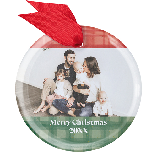 Colorblock Plaid Glass Ornament, White, Circle, white