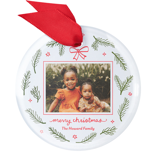 Whimsical Greenery Glass Ornament, Red, Circle, fire engine