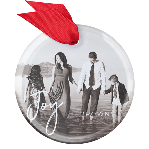 Joy Script Glass Ornament, White, Circle