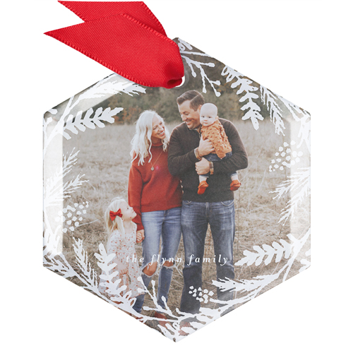 Foliage Overlay Glass Ornament, White, Hexagon