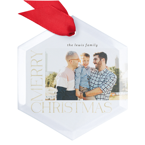Modern Serif Merry Glass Ornament, White, Hexagon