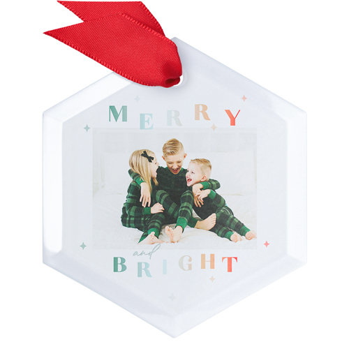 Ombre Bright Merry Glass Ornament, White, Hexagon