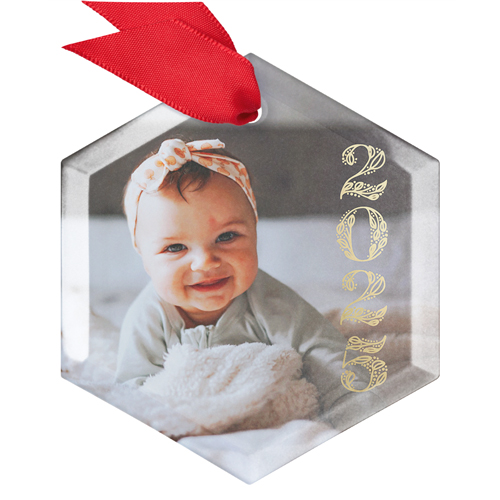 Gold Stacked Year Glass Ornament, Yellow, Hexagon, golden