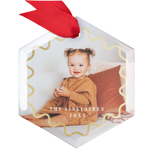 Gold Wavy Border Glass Ornament, White, Hexagon, white