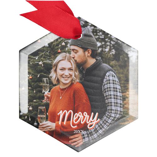 Merry Year Glass Ornament, Beige, Hexagon