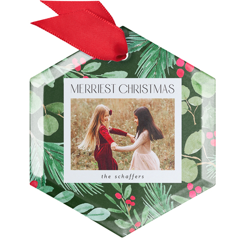 Winterberry Frame Glass Ornament, Green, Hexagon