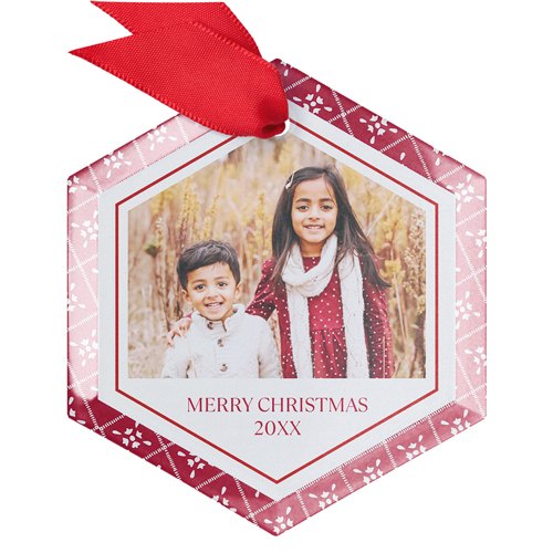 Quilted Heirloom Glass Ornament, Red, Hexagon, cabernet