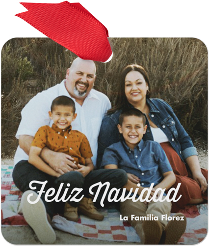 Feliz Navidad Script Metal Ornament, White, Square