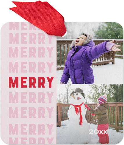 Merry Repeat Metal Ornament, Pink, Square