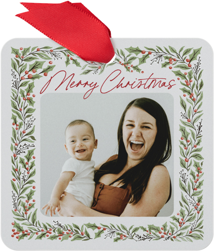 Holly Wreath Metal Ornament, Gray, Square, silver lining