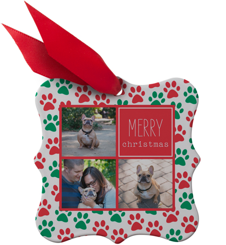 Best In Show Holiday Pawprints Metal Ornament, Red, Square Bracket