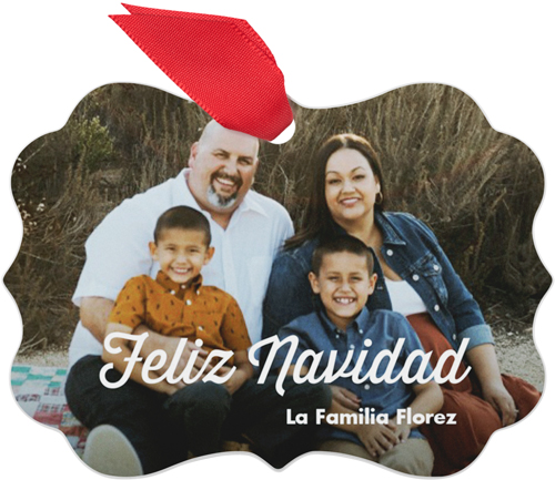Feliz Navidad Script Metal Ornament, White, Rectangle Bracket