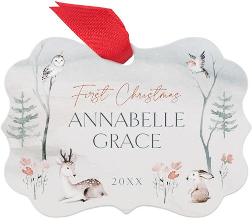 Woodland First Christmas Metal Ornament, Gray, Rectangle Bracket, silver lining