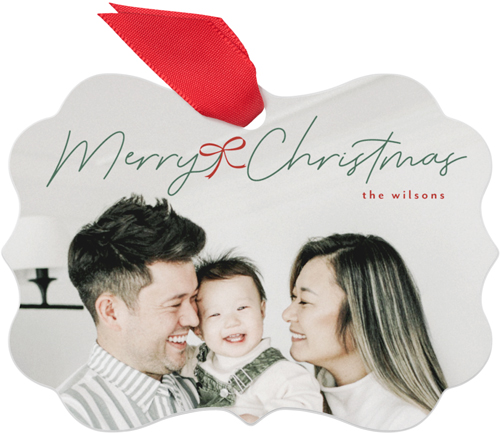 Bow Charmed Tidings Metal Ornament, Red, Rectangle Bracket, firecracker