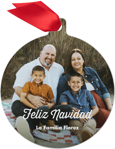 Feliz Navidad Script Metal Ornament, White, Circle