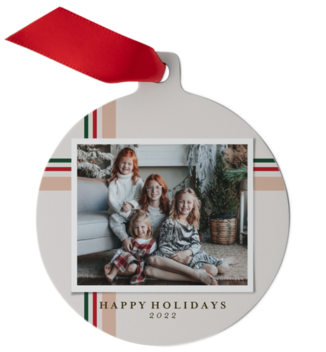 Holiday Ribbon Stripe Metal Ornament, Beige, Circle