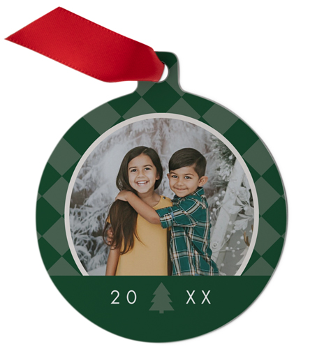 Checkered Tree Metal Ornament, Green, Circle Ornament