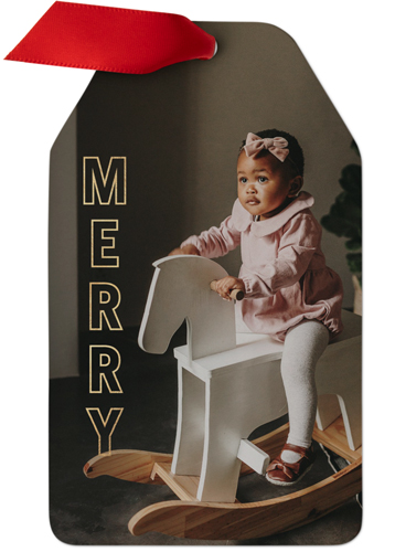 Gold Block Merry Metal Ornament, White, Gift Tag
