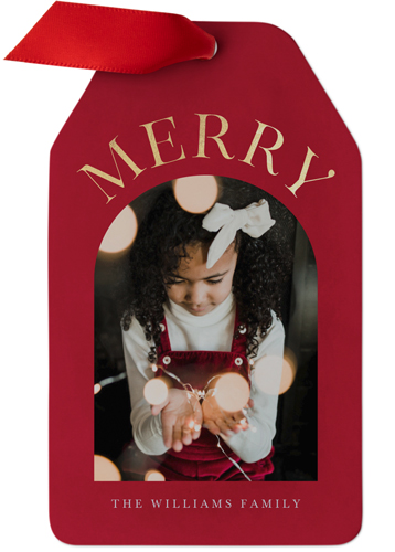 Golden Modern Merry Metal Ornament, Red, Gift Tag