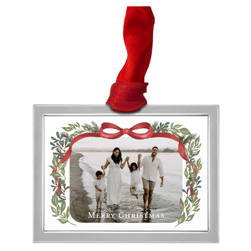 Garland Bow Border Luxe Frame Ornament, Silver, White, Rectangle