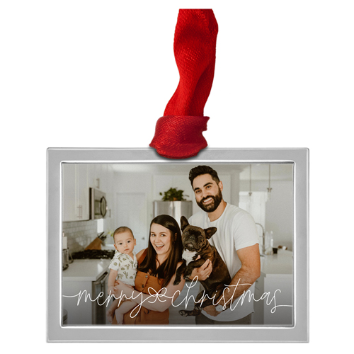 Script Bow Luxe Frame Ornament, Silver, White, Rectangle, white