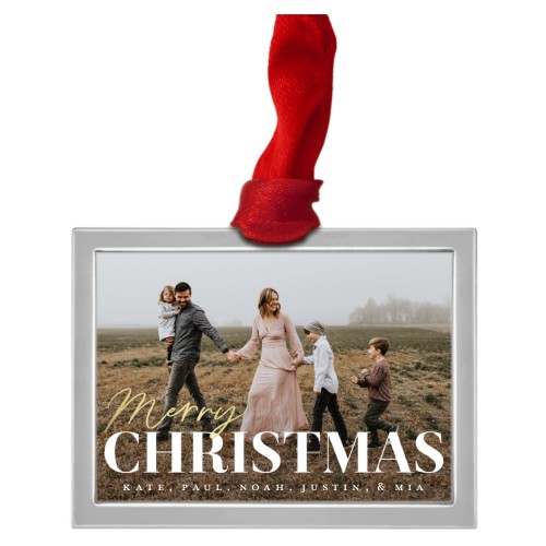 Golden Merry Christmas Luxe Frame Ornament, Silver, White, Rectangle, white