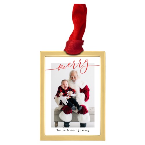 Bright Merry Script Luxe Frame Ornament, Gold, Red, Rectangle