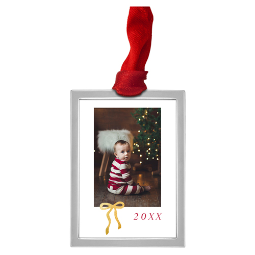 Gold Bow Year Luxe Frame Ornament, Silver, White, Rectangle, white