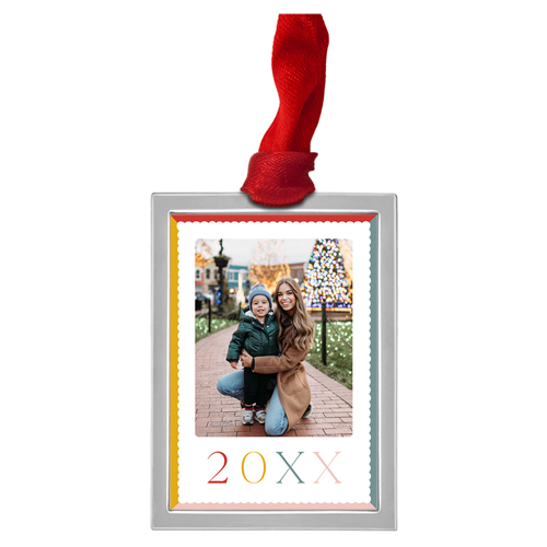 Merry Scallops Luxe Frame Ornament, Silver, White, Rectangle