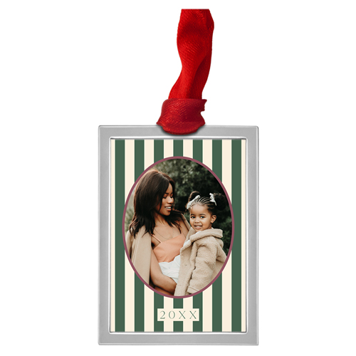 Striped Oval Vignette Luxe Frame Ornament, Silver, Beige, Rectangle