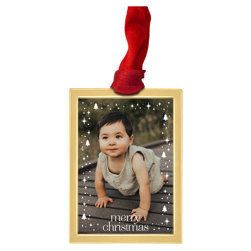 Starlit Christmas Trees Luxe Frame Ornament, Gold, White, Rectangle, white